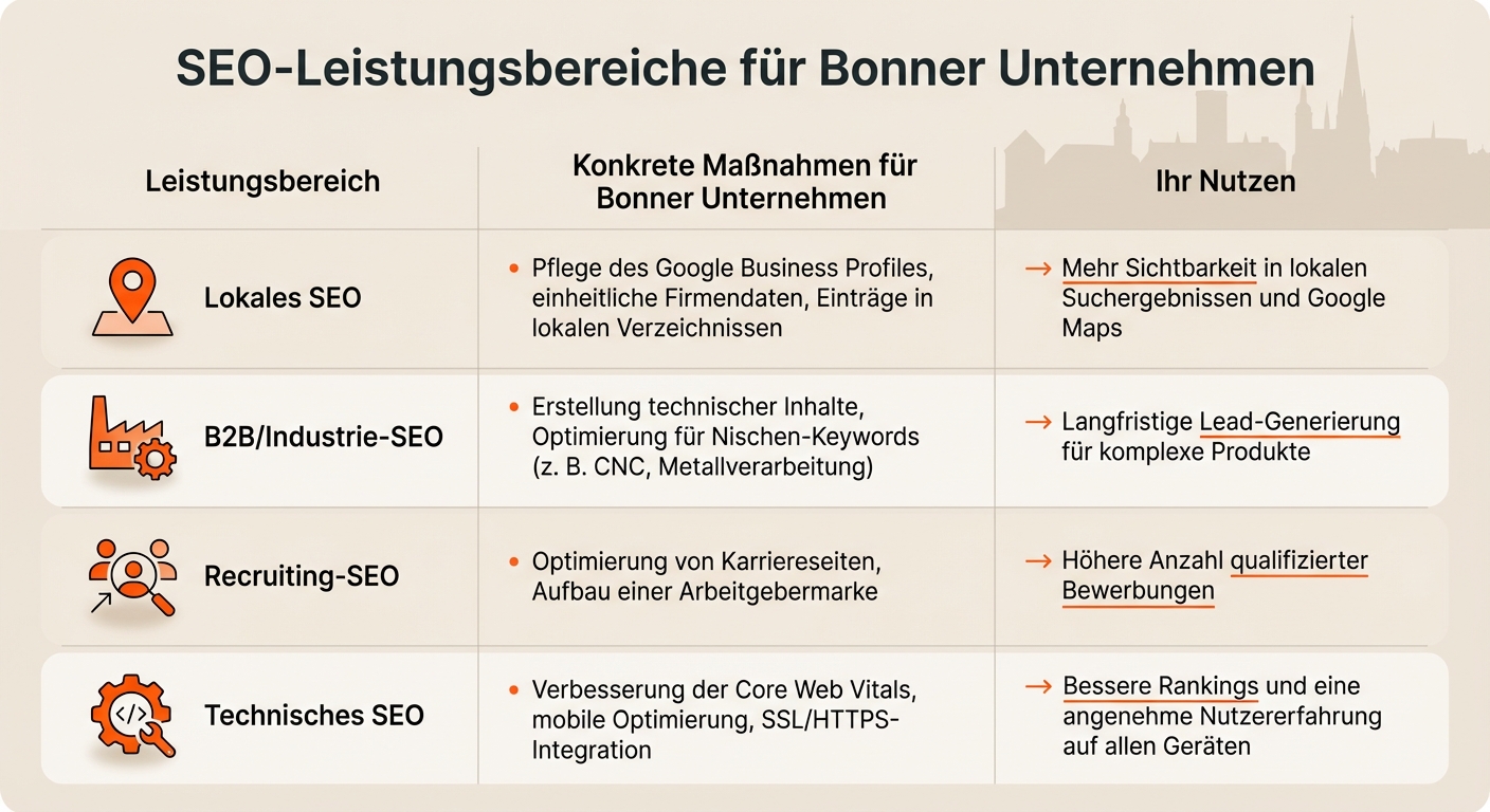 SEO-Leistungsbereiche für Bonner Unternehmen: Maßnahmen und Nutzen im Überblick