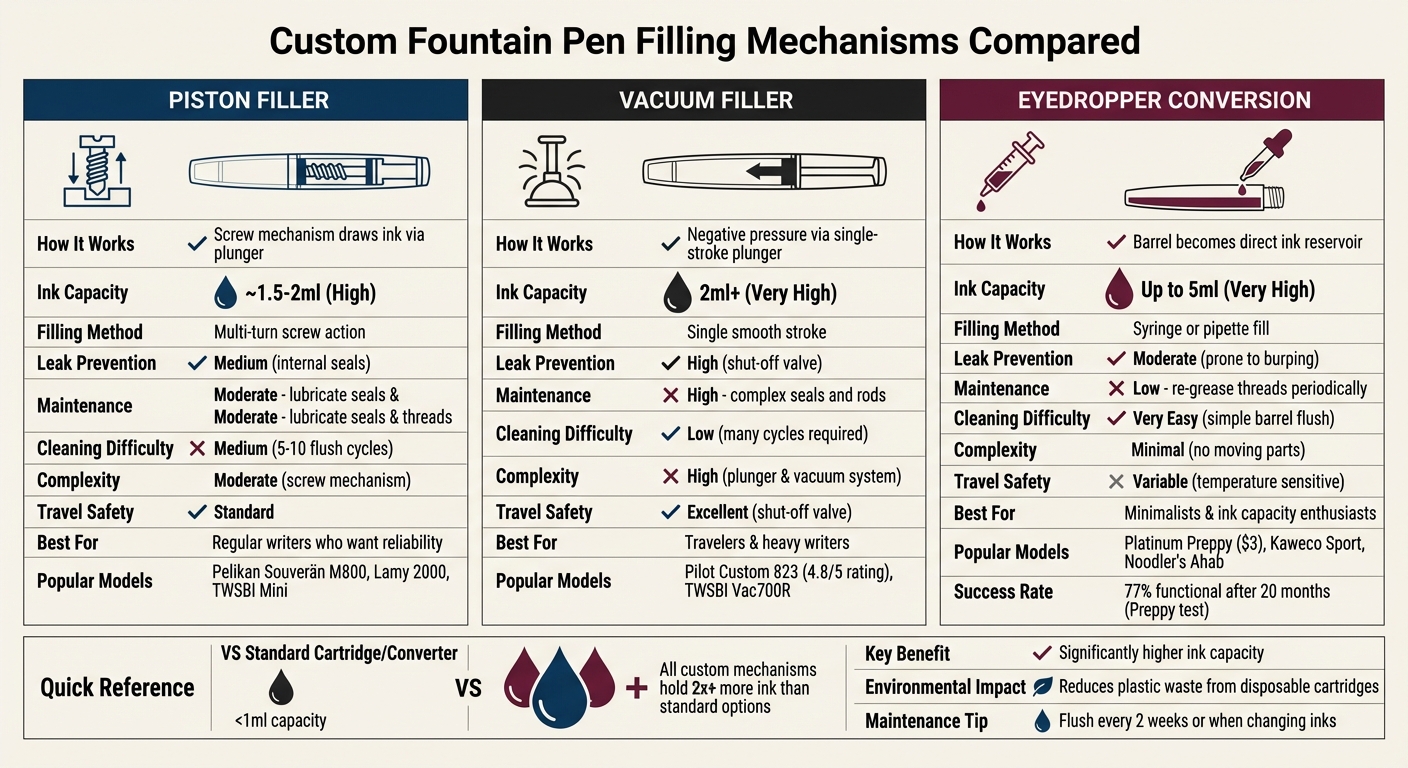 Fountain Pen Filling Mechanisms Comparison: Capacity, Maintenance & Features