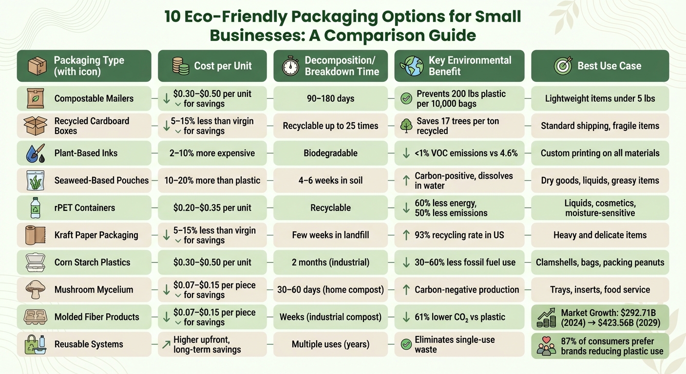 10 Eco-Friendly Packaging Options: Cost, Decomposition Time, and Environmental Impact Comparison