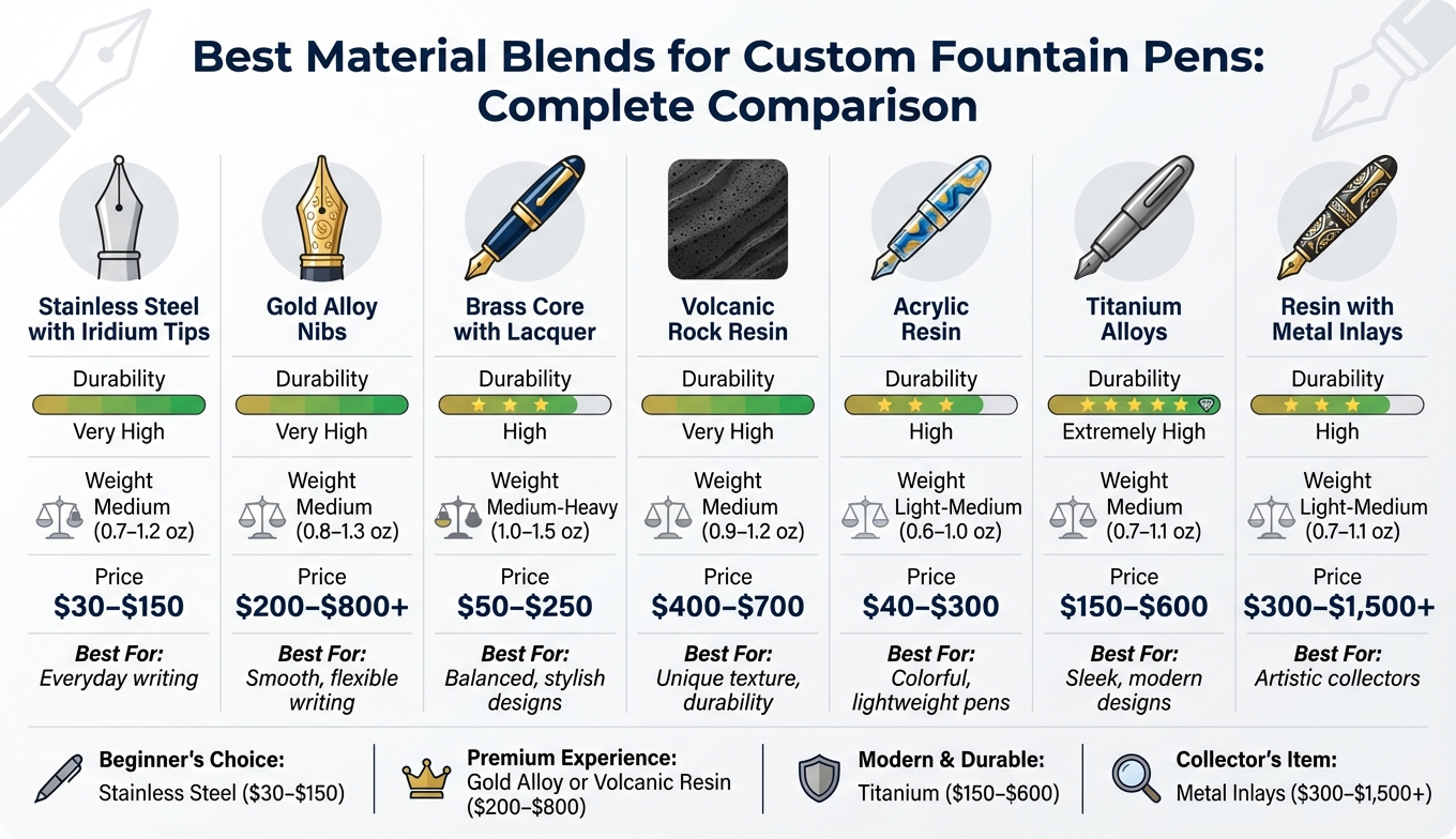 Fountain Pen Material Blends Comparison: Durability, Weight, and Price Guide