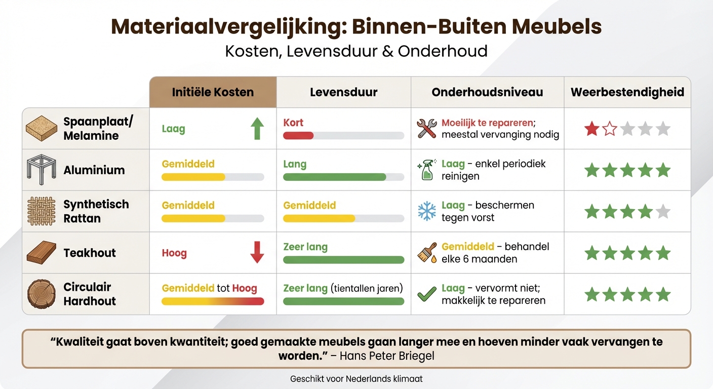 Vergelijking materialen binnen-buiten meubels: kosten, levensduur en onderhoud