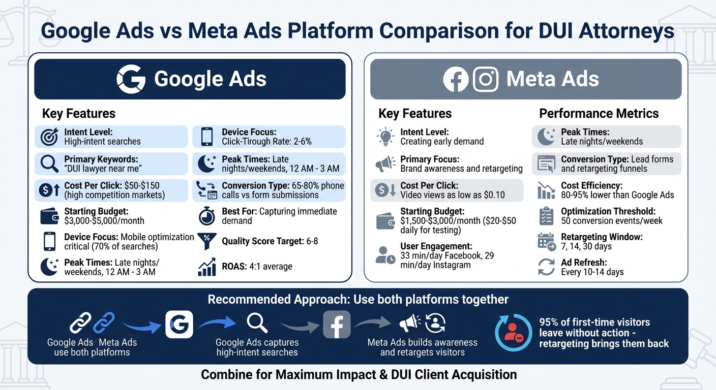 Google Ads vs Meta Ads platform comparison chart for DUI attorneys and law firms