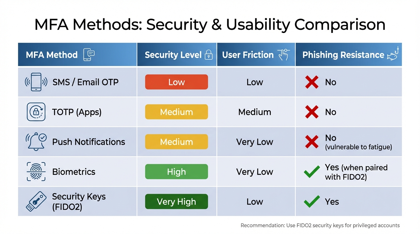 MFA Methods Comparison: Security Levels and Phishing Resistance