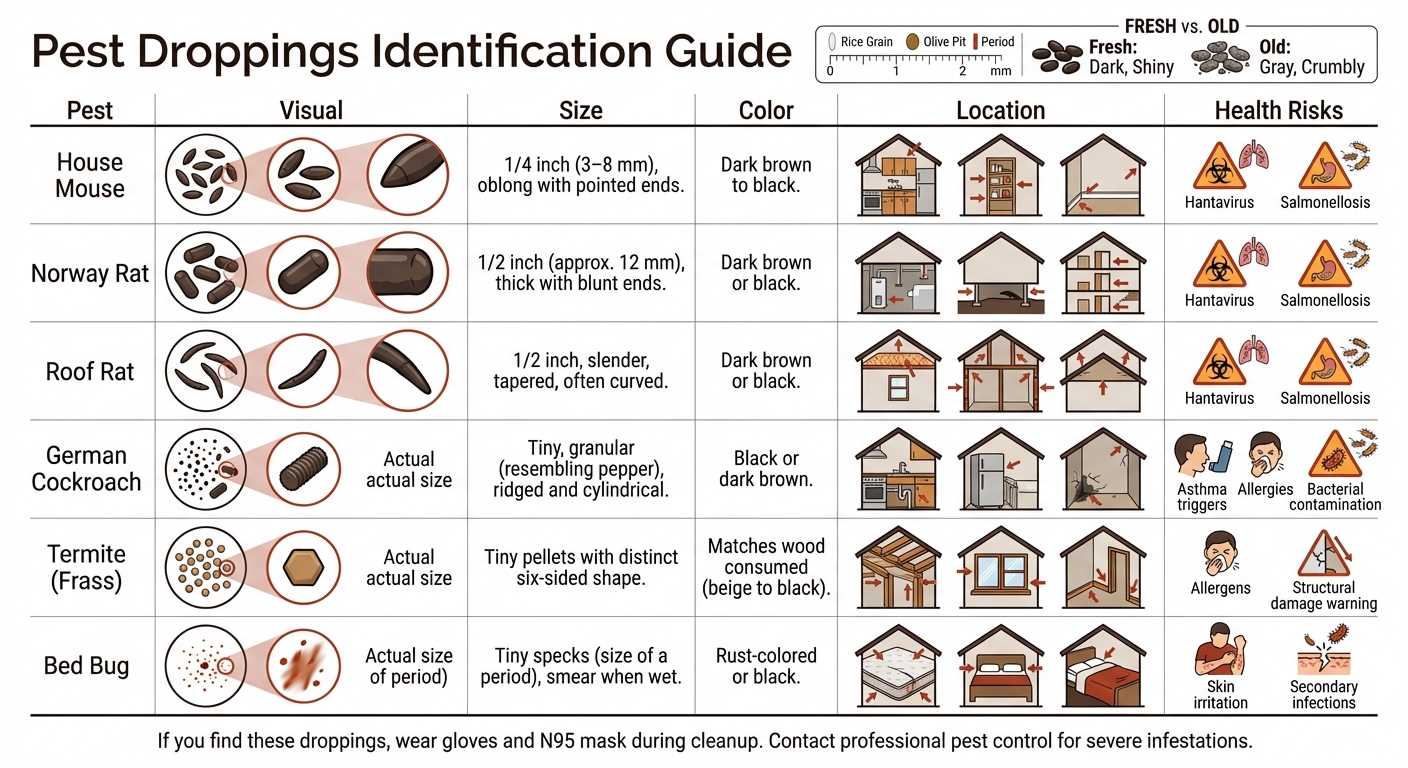Visual Guide to Common Pest Droppings: Identification Chart by Size, Color, and Location