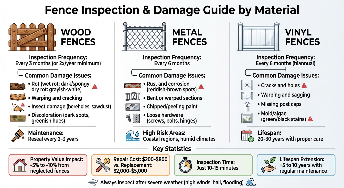 Fence Inspection Schedule and Common Damage by Material Type
