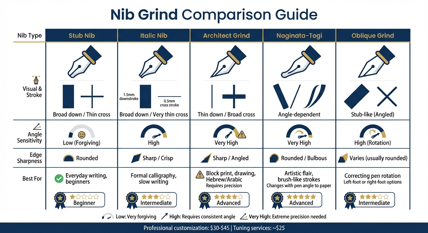 Fountain Pen Nib Grind Comparison Chart for Calligraphy