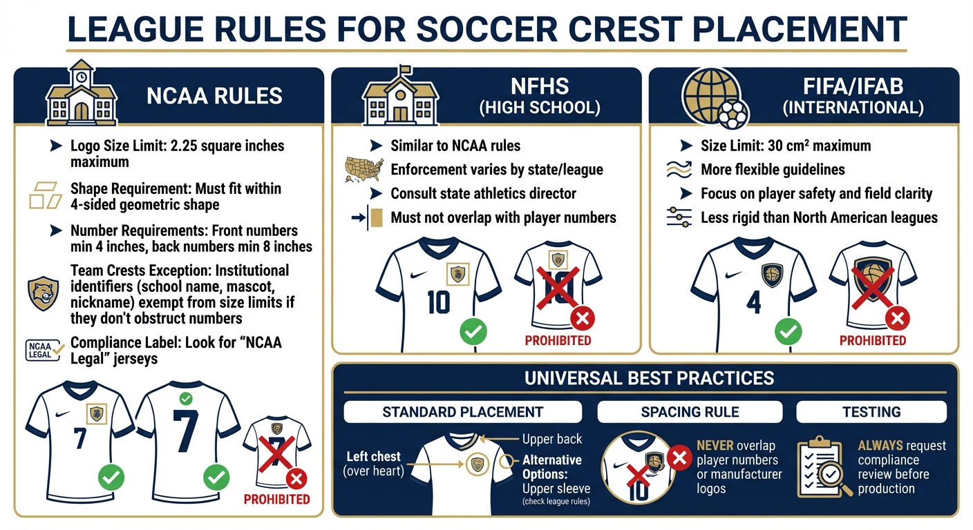 Soccer Crest Placement Rules by League: NCAA, NFHS, FIFA Size and Position Guidelines