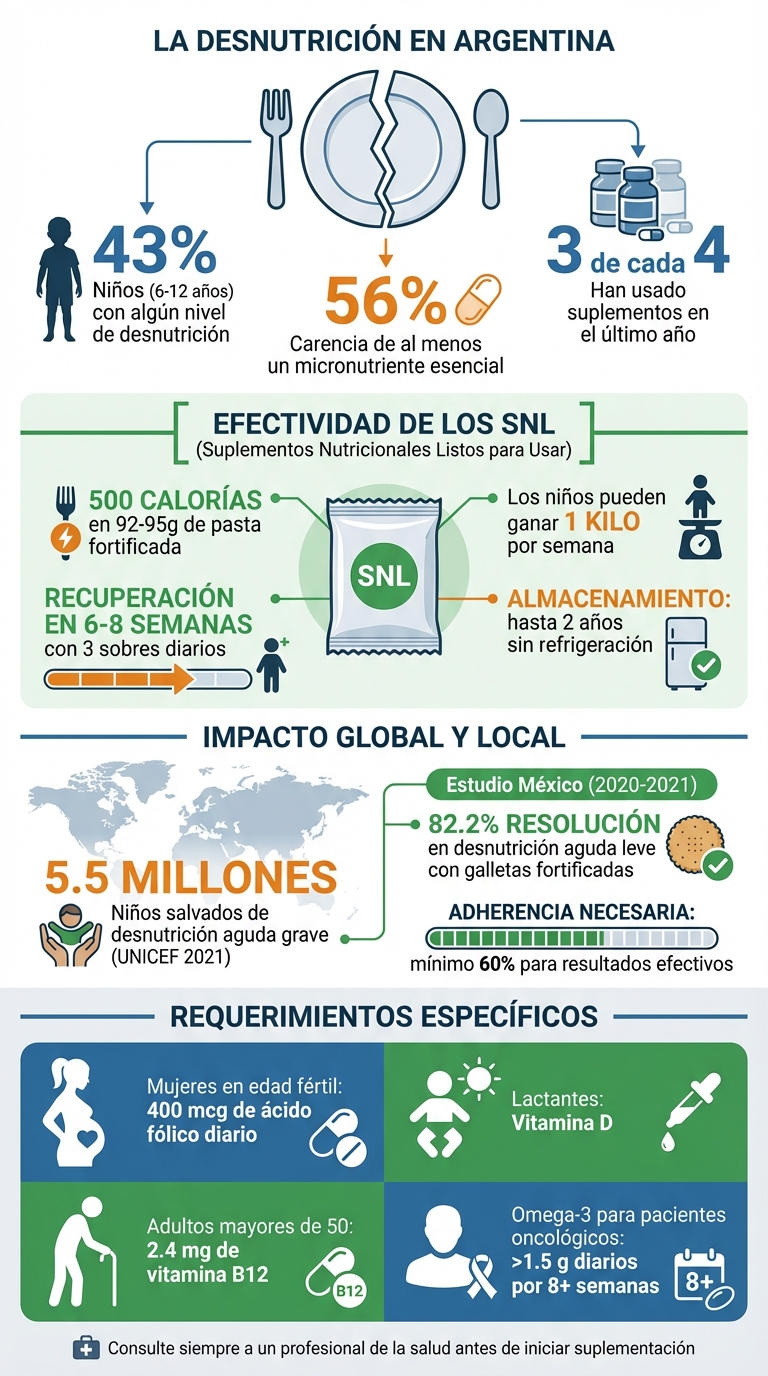 Estadísticas de desnutrición infantil en Argentina y efectividad de suplementos nutricionales