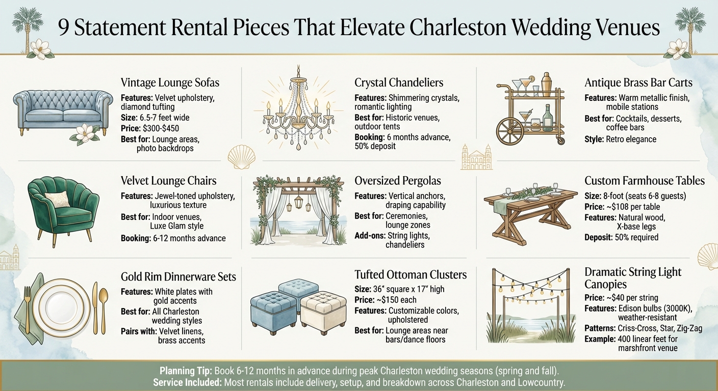 9 Statement Rental Pieces for Charleston Weddings with Pricing and Dimensions