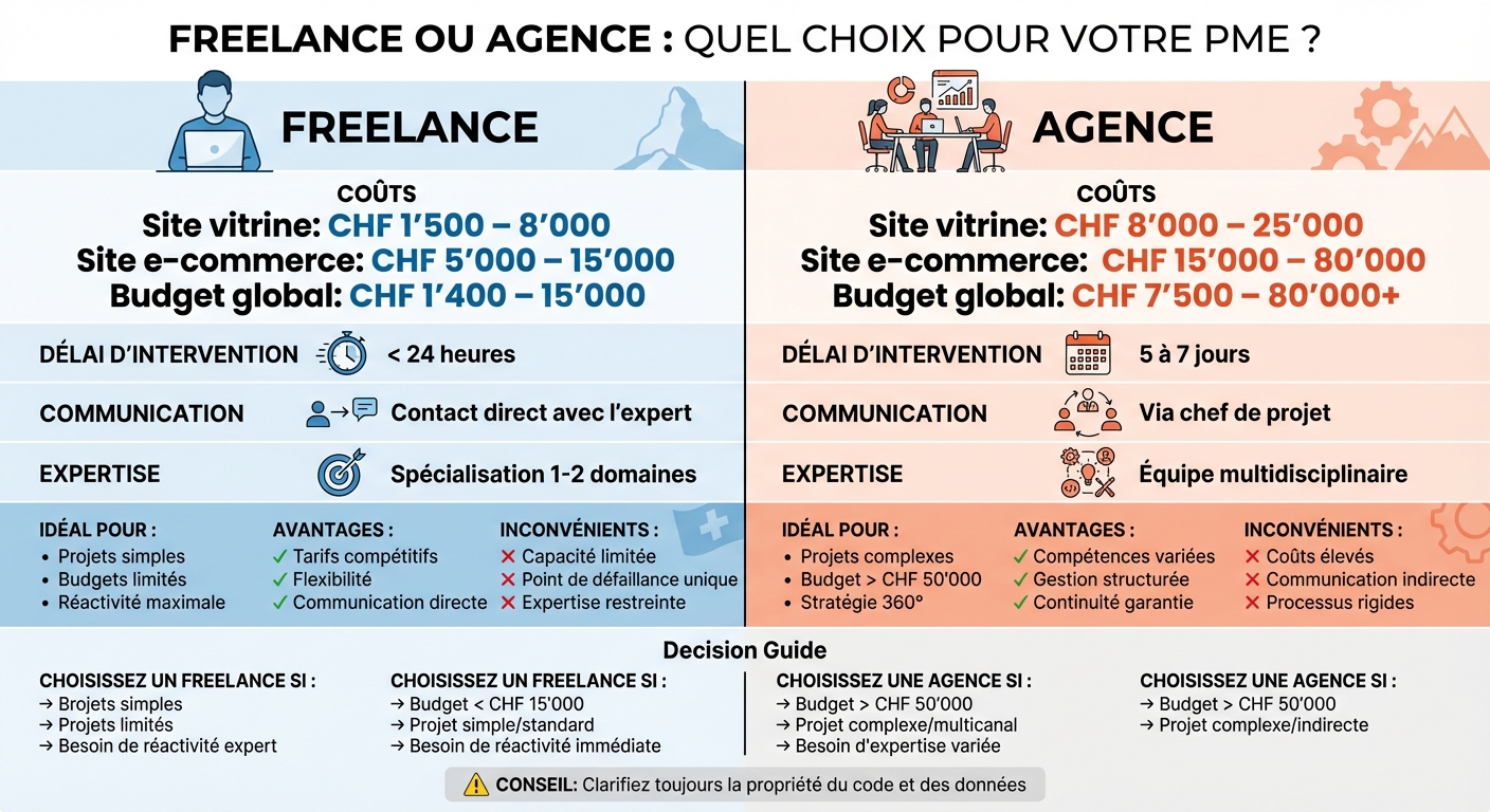 Comparaison Freelance vs Agence pour PME suisses : coûts, délais et expertise