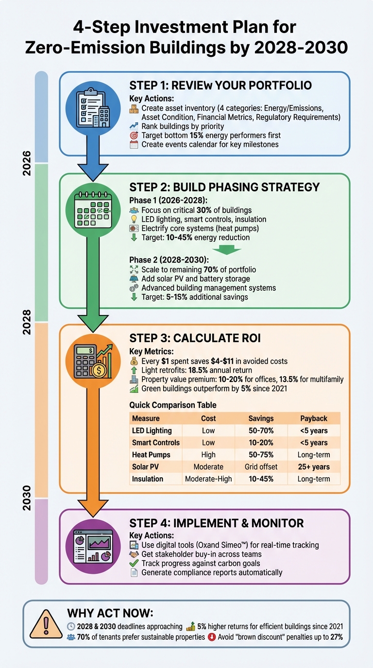 4-stappen investeringsplan voor emissieloze gebouwen voor naleving 2028-2030