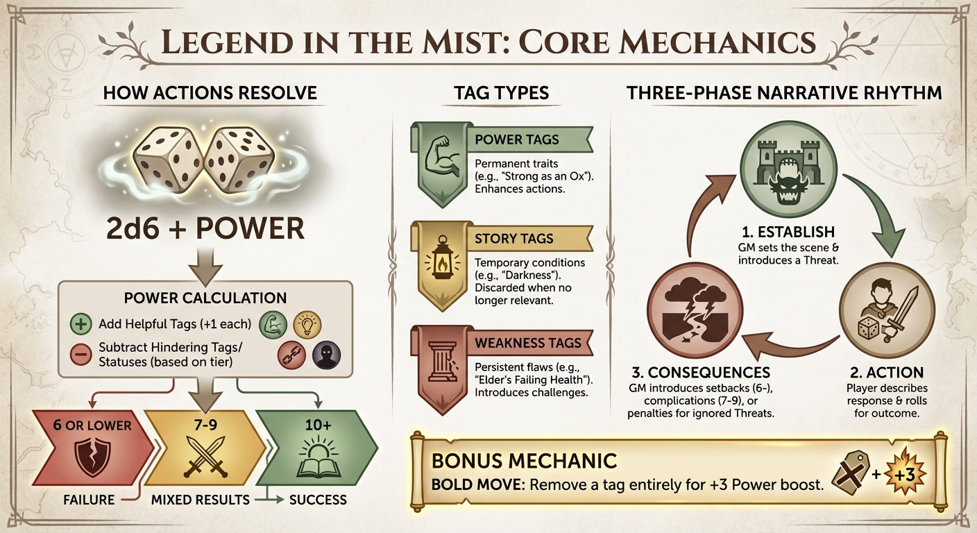 Legend in the Mist 2d6 Resolution System and Three-Phase Narrative Rhythm
