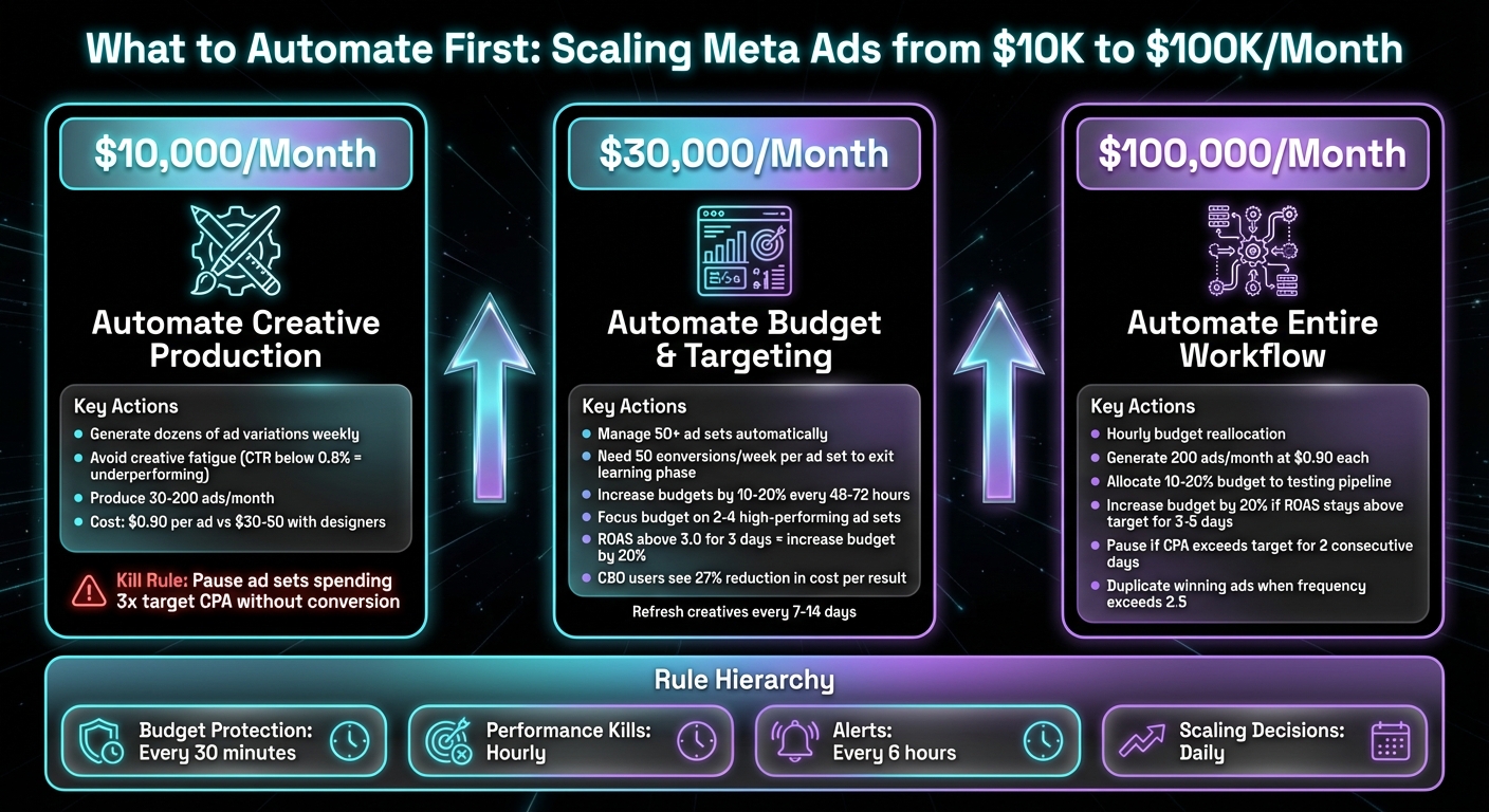 Meta Ads Automation Strategy by Budget Level: $10K, $30K, $100K Monthly Spend