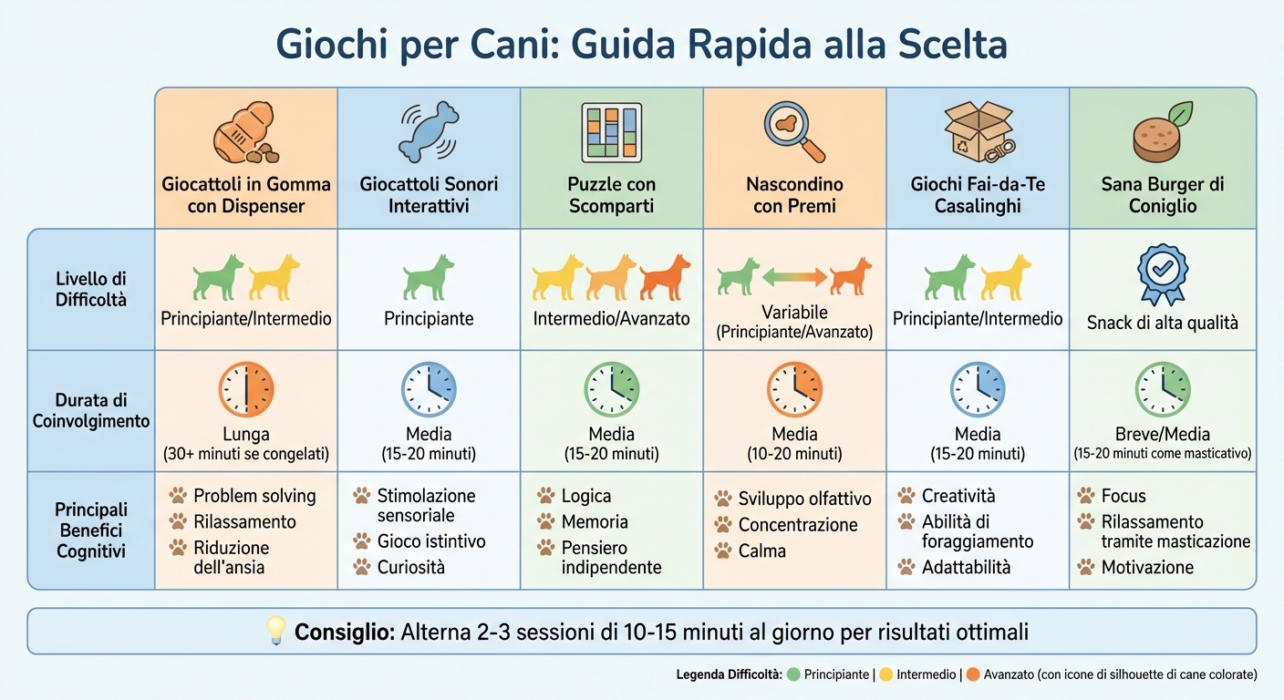 Confronto giochi interattivi per cani: difficoltà, durata e benefici cognitivi