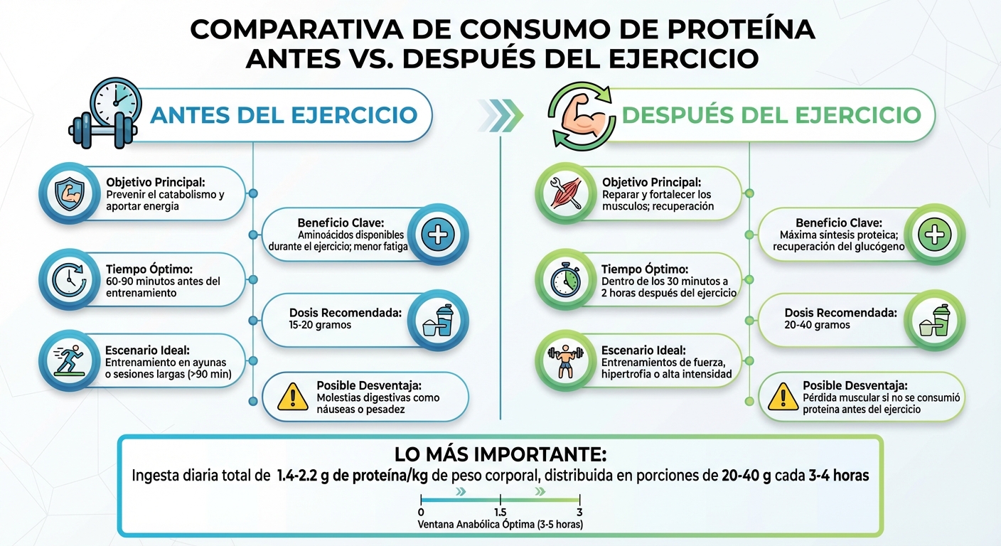 Proteína antes vs después del ejercicio: comparación de beneficios y tiempos óptimos