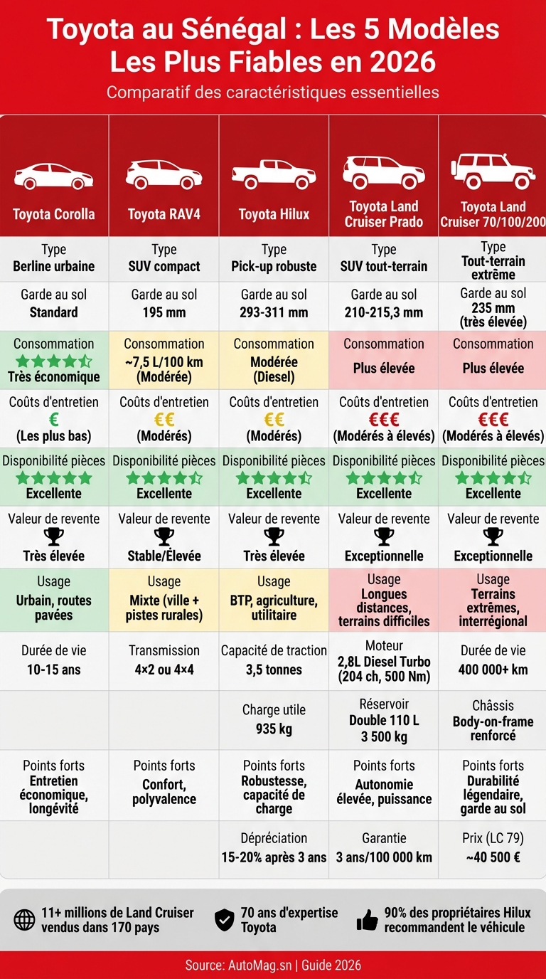 Comparatif des 5 modèles Toyota les plus fiables au Sénégal 2026