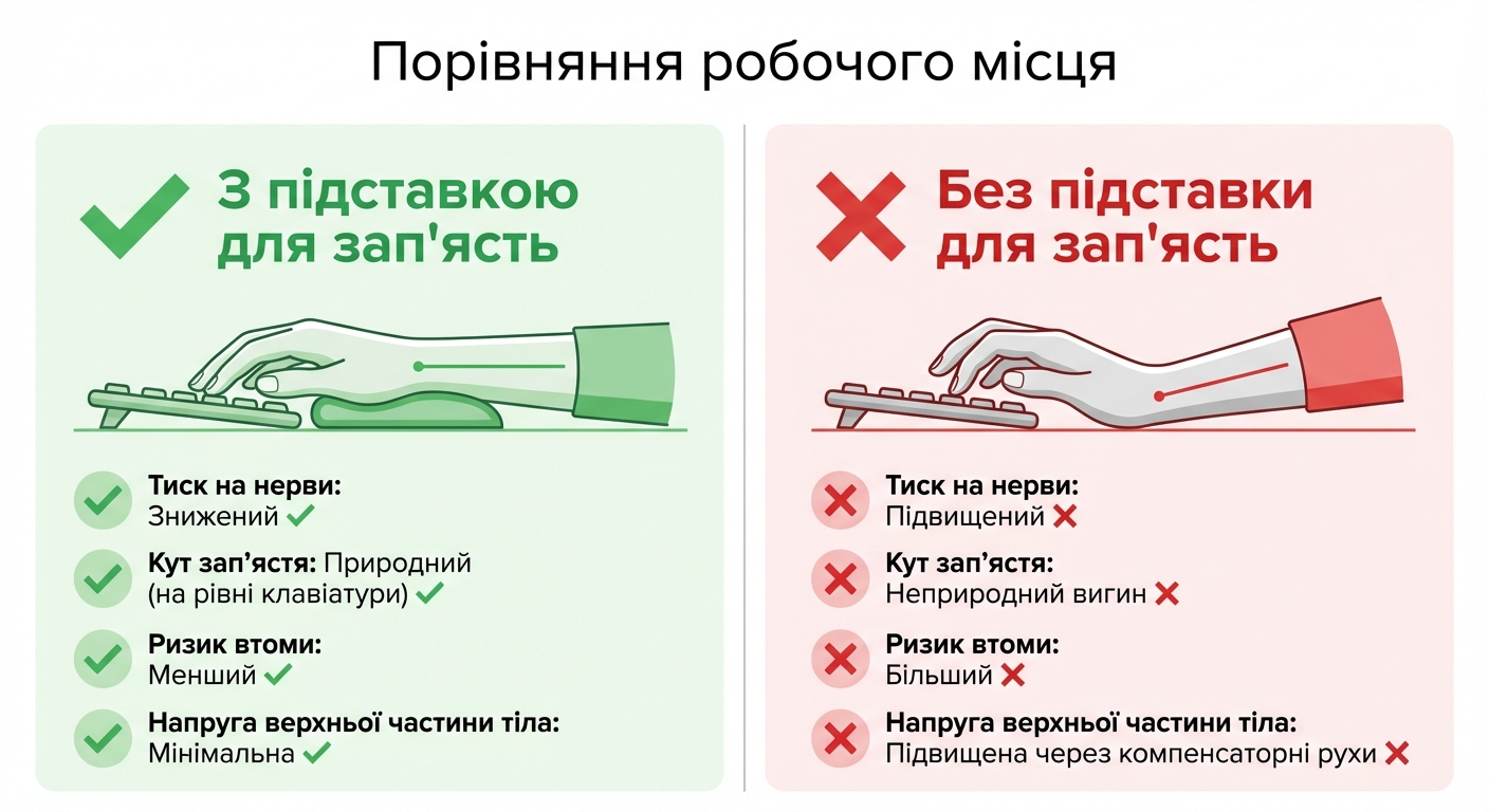 Порівняння робочого місця з підставкою для зап'ясть та без неї