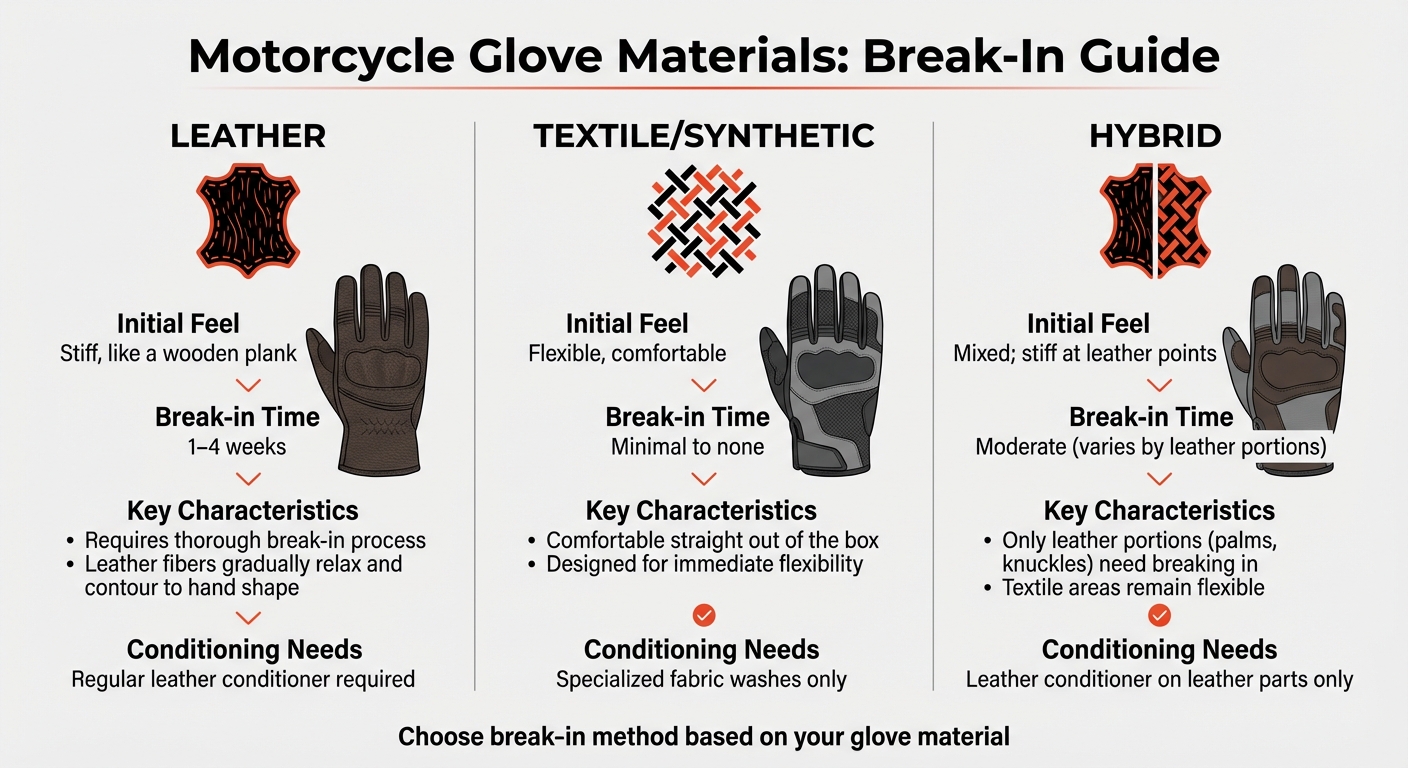 Motorcycle Glove Materials: Break-In Time and Characteristics Comparison