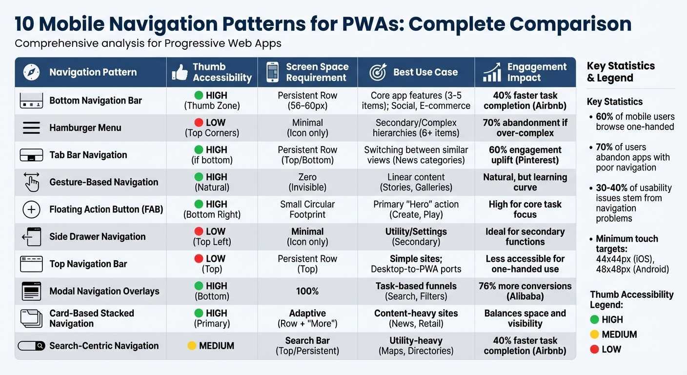 Mobile Navigation Patterns for PWAs: Comparison of 10 Design Approaches