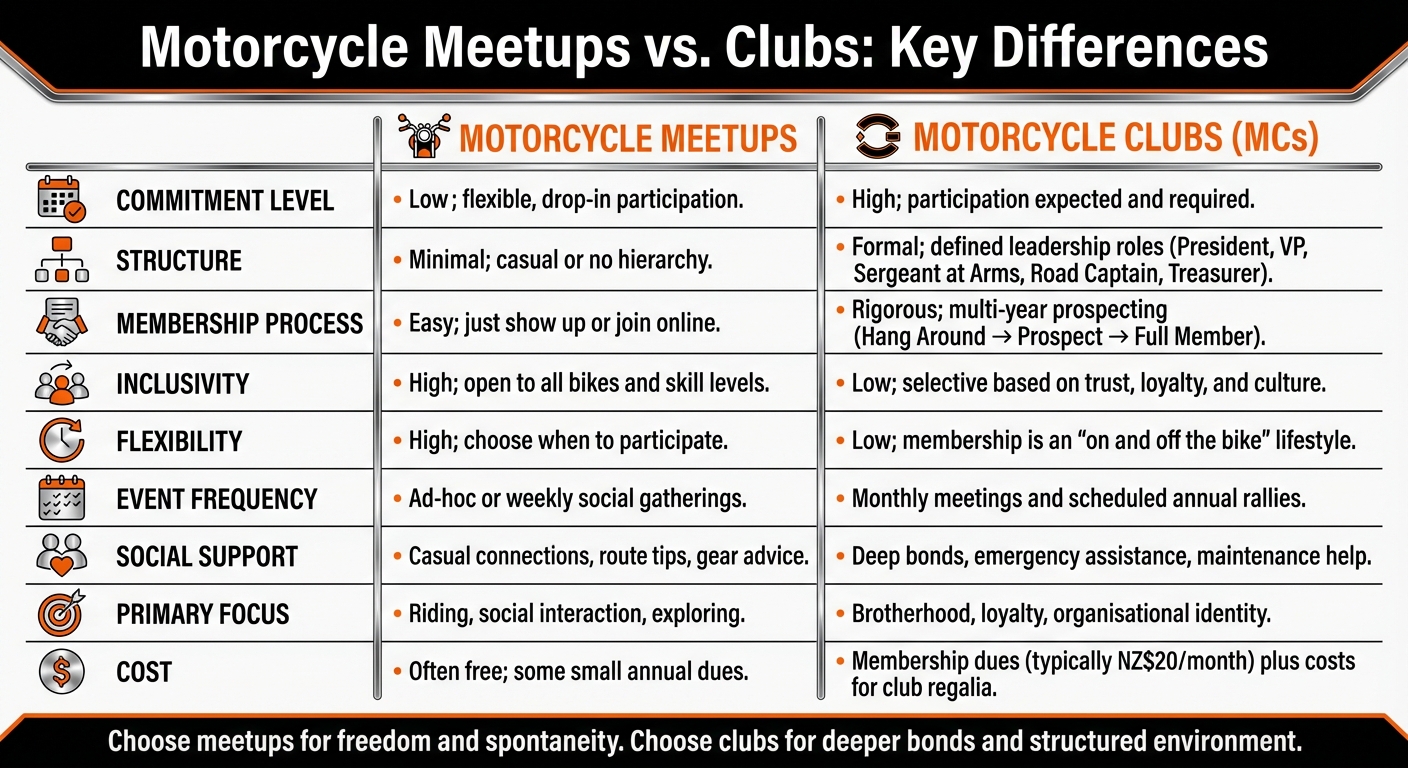 Motorcycle Meetups vs Clubs Comparison Chart