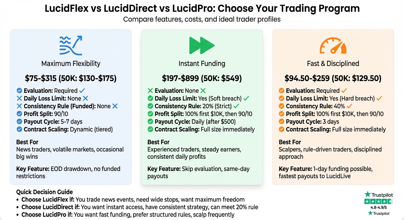 LucidFlex vs LucidDirect vs LucidPro Trading Programs Comparison