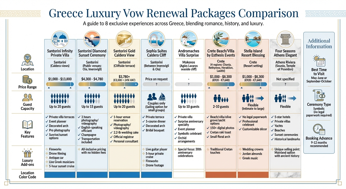 Greece Luxury Vow Renewal Packages Comparison: Prices, Locations & Features