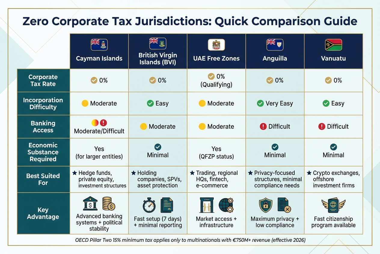 Zero Corporate Tax Jurisdictions Comparison: Key Features and Best Use Cases
