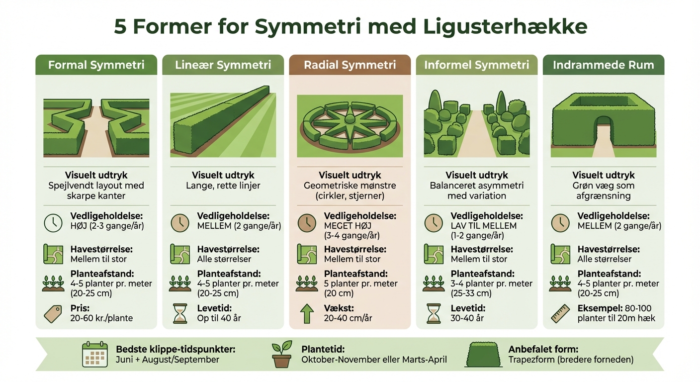 Sammenligning af 5 symmetriformer til ligusterhække i haven