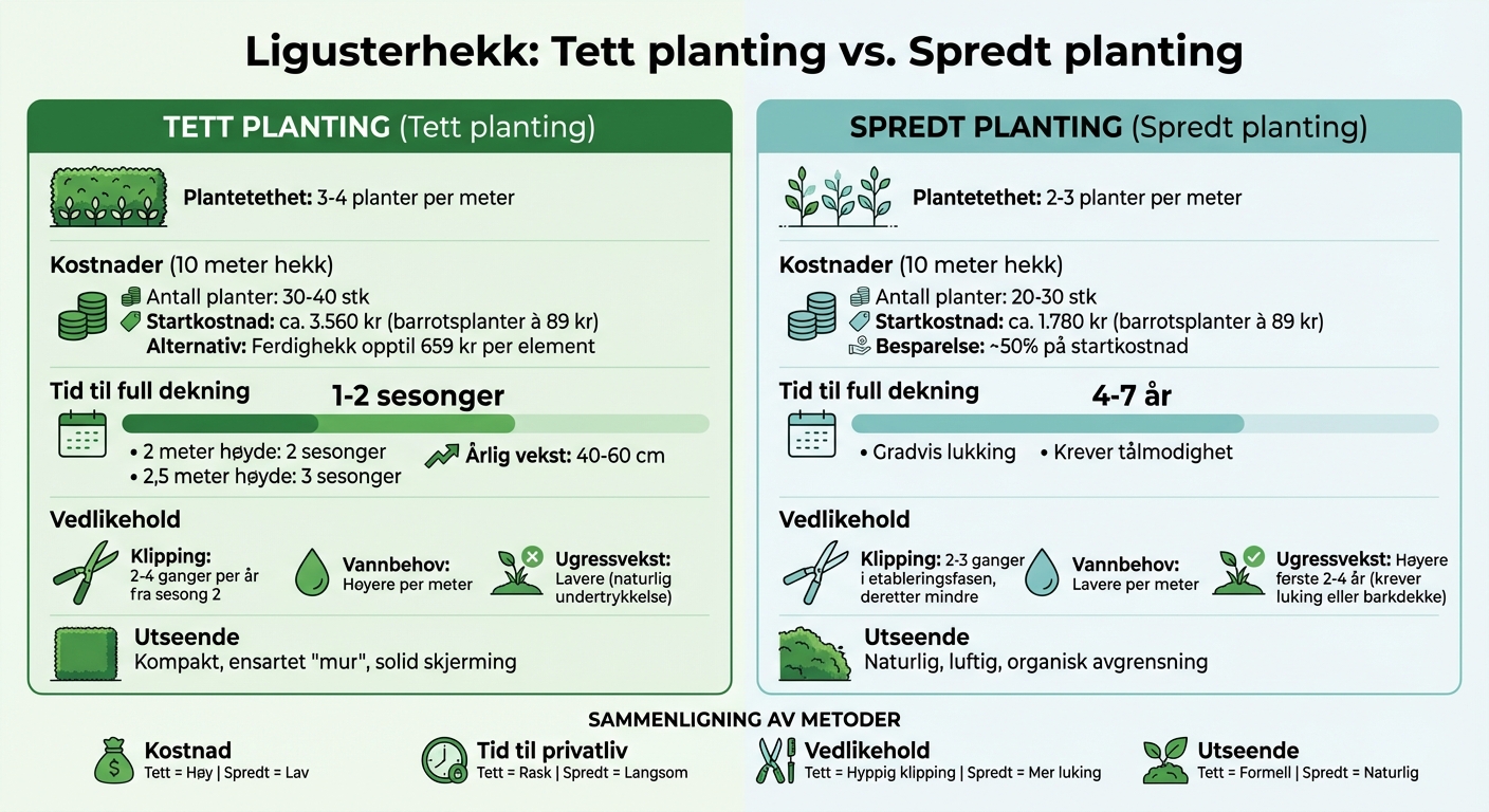 Tett vs spredt planting av ligusterhekk: sammenligning av kostnader, tid og vedlikehold
