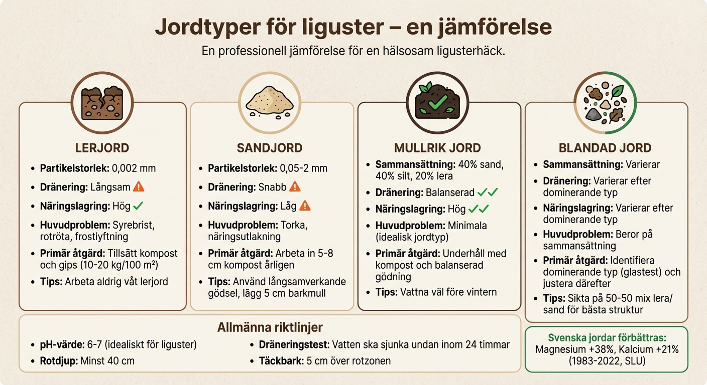 Jämförelse av jordtyper för liguster: dränering, näring och åtgärder
