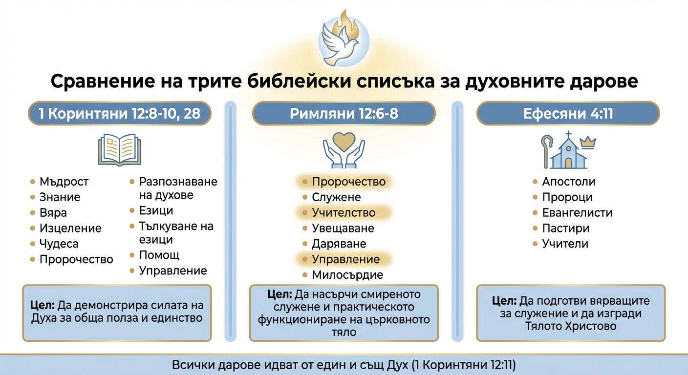 Три библейски пасажа за духовните дарове - сравнителна таблица