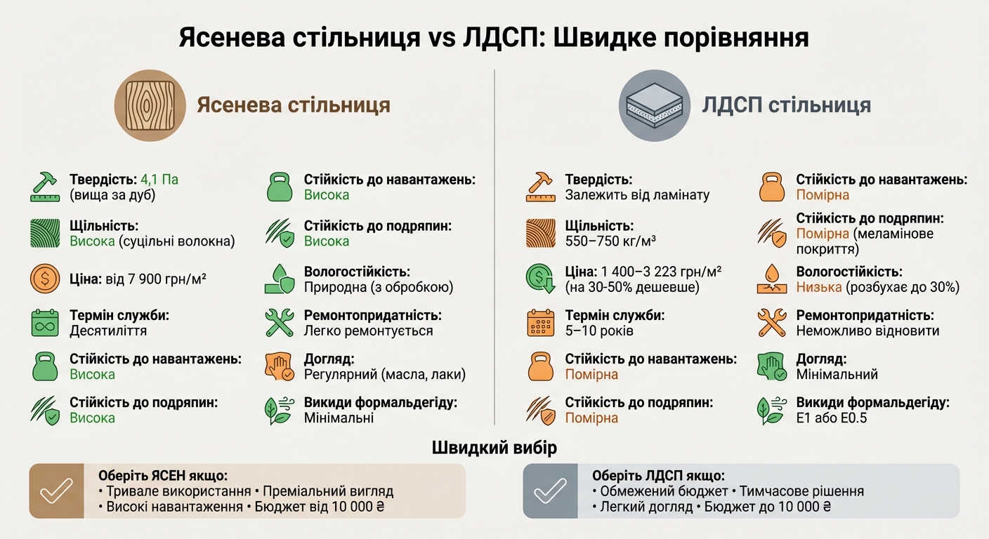 Порівняння ясенової стільниці та ЛДСП: характеристики, ціни та довговічність