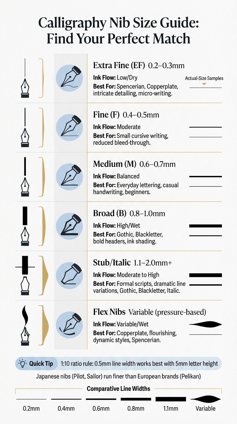Calligraphy Nib Size Comparison Chart: Line Widths and Best Uses