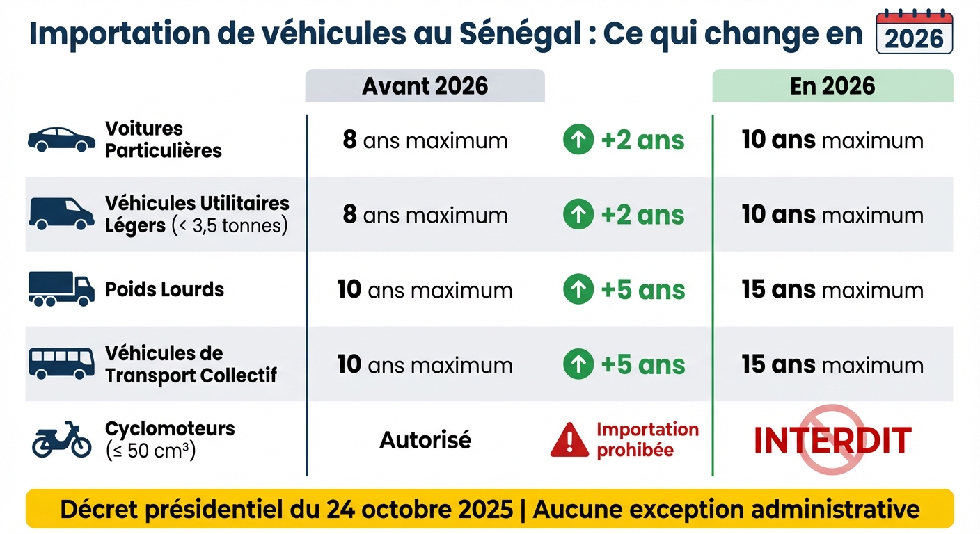 Limites d'âge importation véhicules Sénégal 2026 vs avant