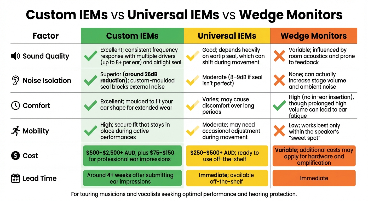 Custom IEMs vs Universal IEMs vs Wedge Monitors Comparison Chart