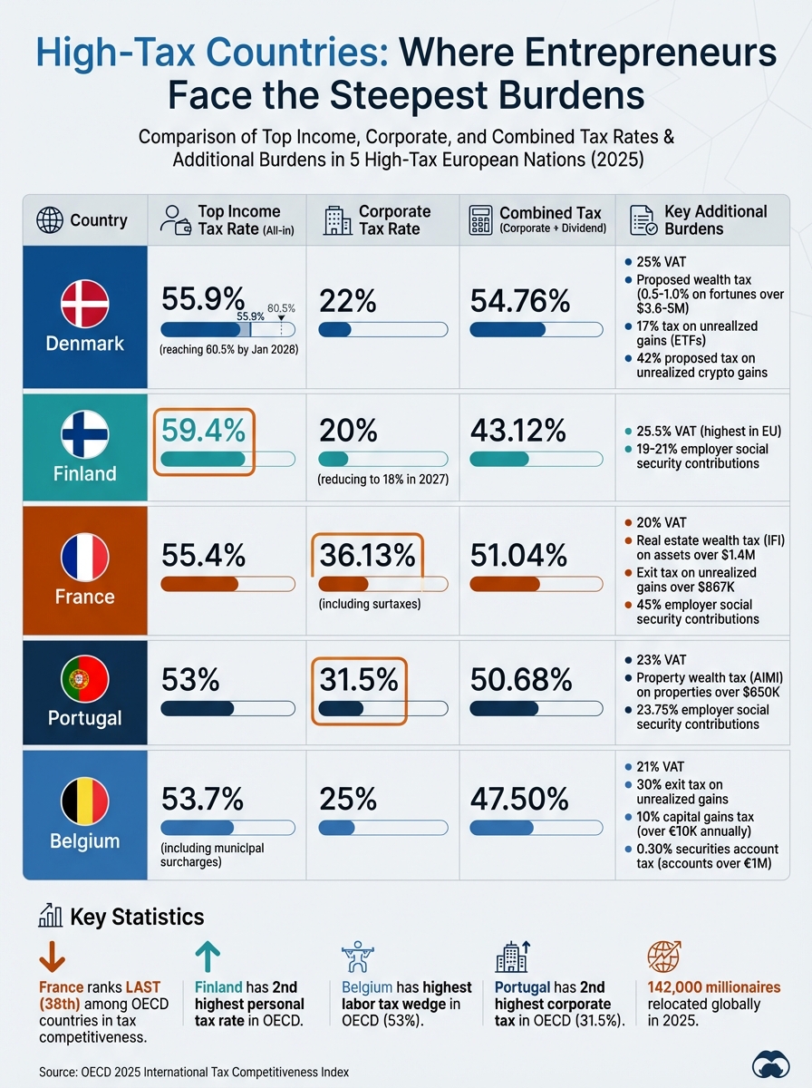 Tax Rates Comparison: Denmark, Finland, France, Portugal, and Belgium