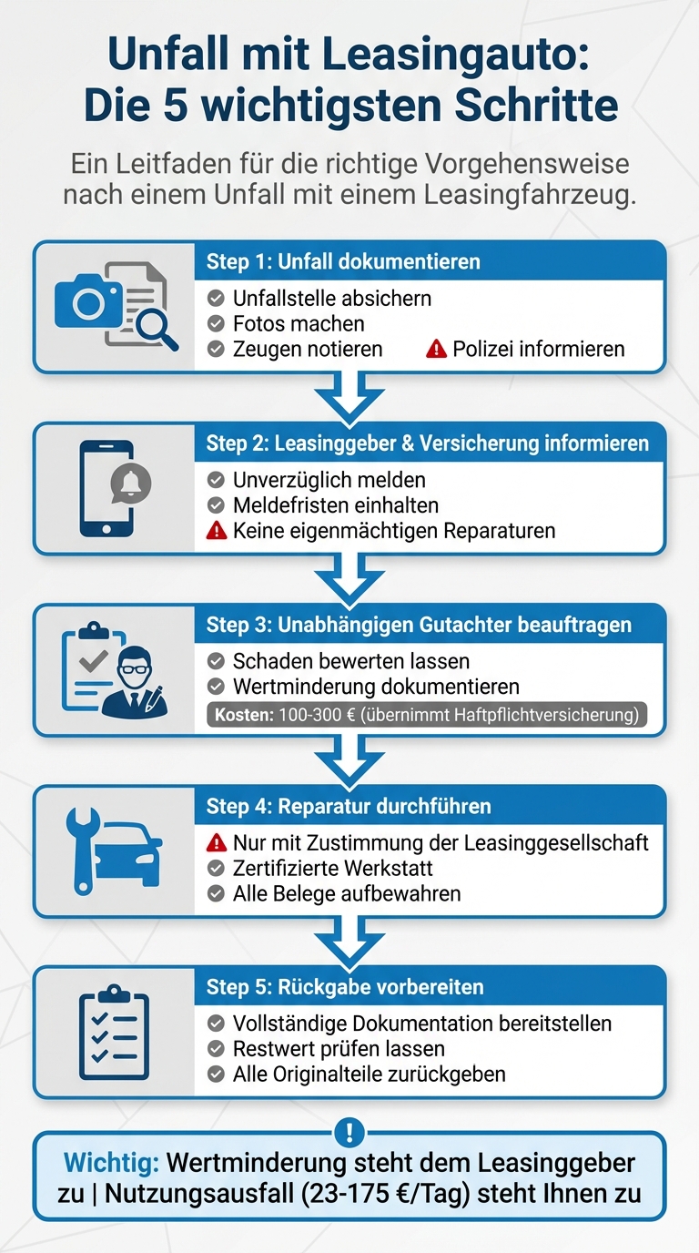 5 Schritte nach Unfall mit Leasingauto: Dokumentation bis Rückgabe