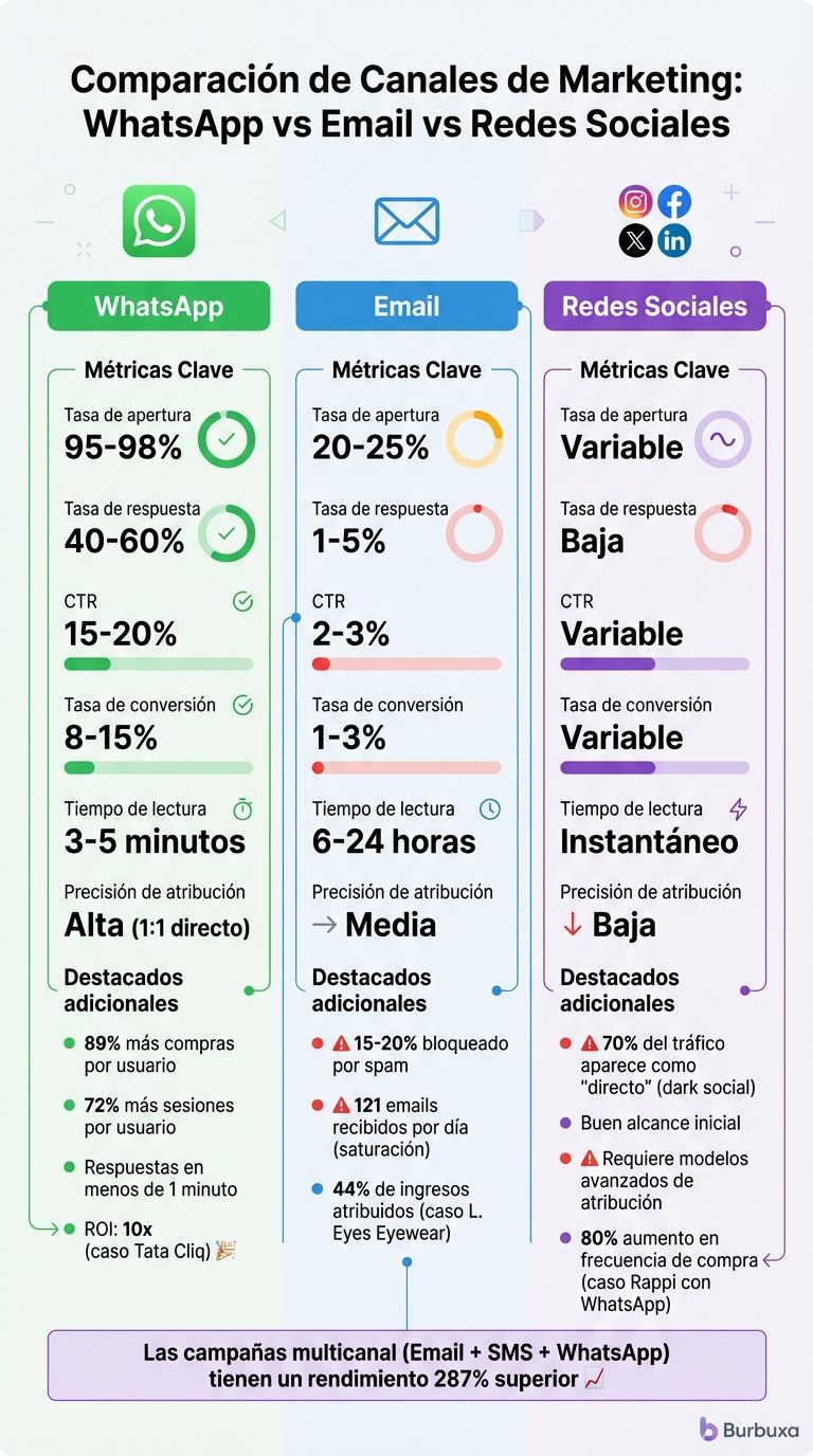 Comparación de métricas de atribución: WhatsApp vs Email vs Redes Sociales