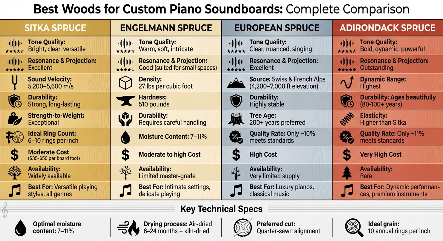 Piano Soundboard Wood Comparison: Tone, Resonance, Durability & Cost