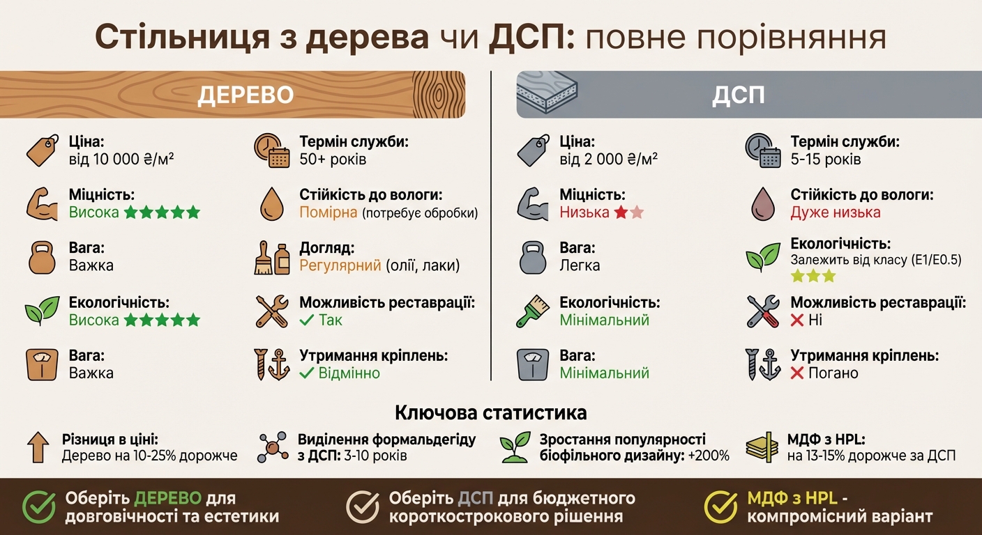 Порівняння стільниць з дерева та ДСП: ціна, термін служби та характеристики