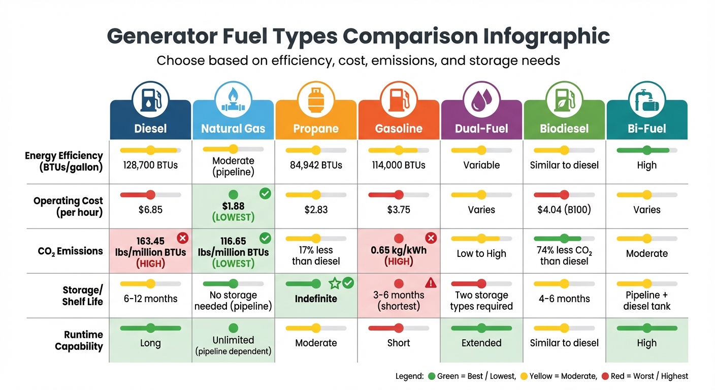 Generator Fuel Types Comparison: Efficiency, Cost, Emissions & Storage
