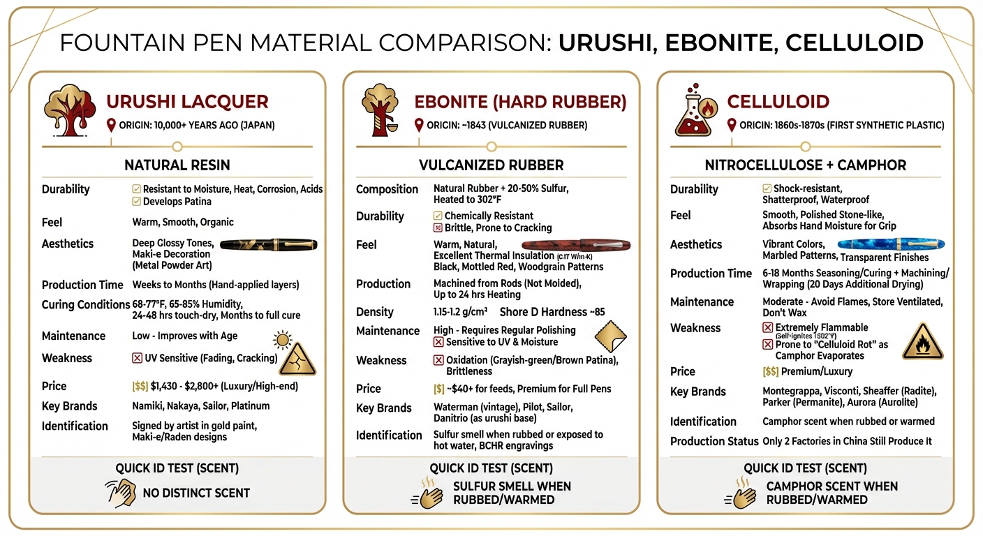 Urushi vs Ebonite vs Celluloid Fountain Pen Materials Comparison