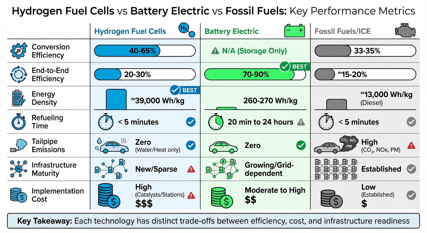 Hydrogen Fuel Cells vs Battery Electric vs Fossil Fuels: Efficiency, Cost & Emissions Comparison