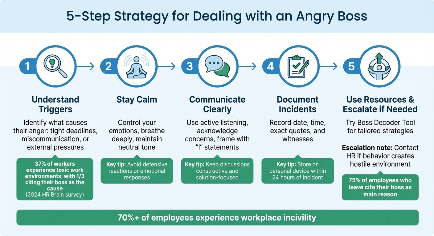 5-Step Strategy for Dealing with an Angry Boss at Work - Infographic © MyDifficultBoss.com