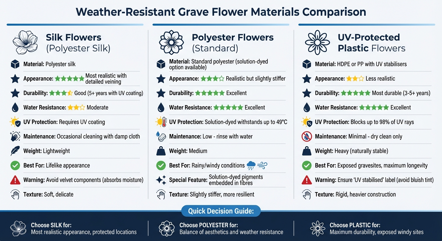Comparison of Weather-Resistant Grave Flower Materials: Silk vs Polyester vs UV-Protected Plastic