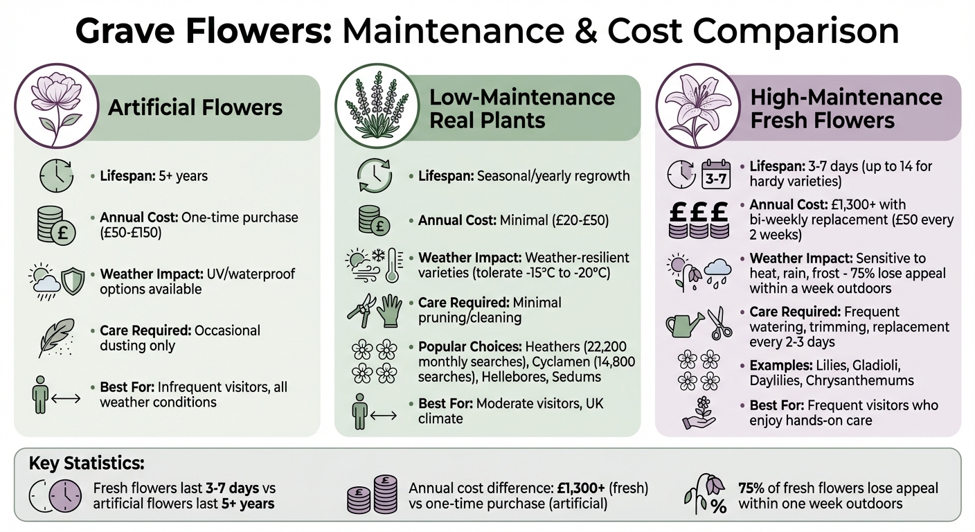 Grave Flowers Comparison: Artificial vs Low-Maintenance vs High-Maintenance Options