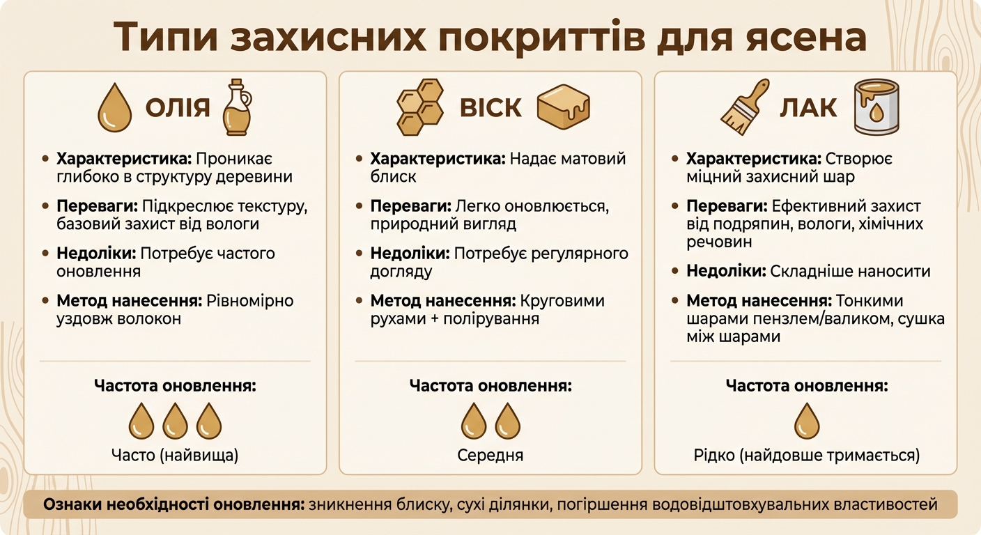 Порівняння типів захисних покриттів для стільниці з ясена
