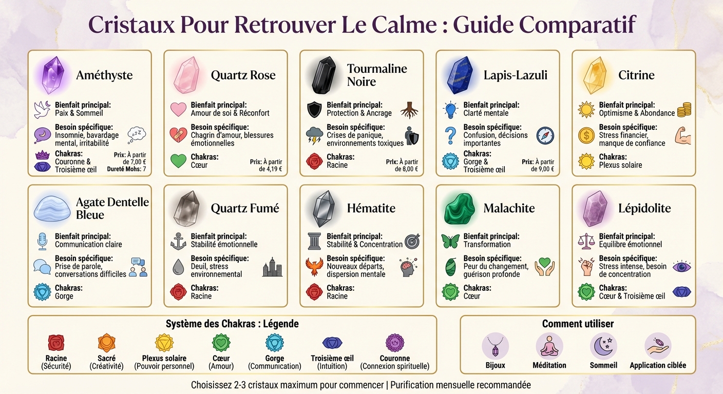 Guide comparatif des cristaux anti-stress : propriétés, chakras et utilisations