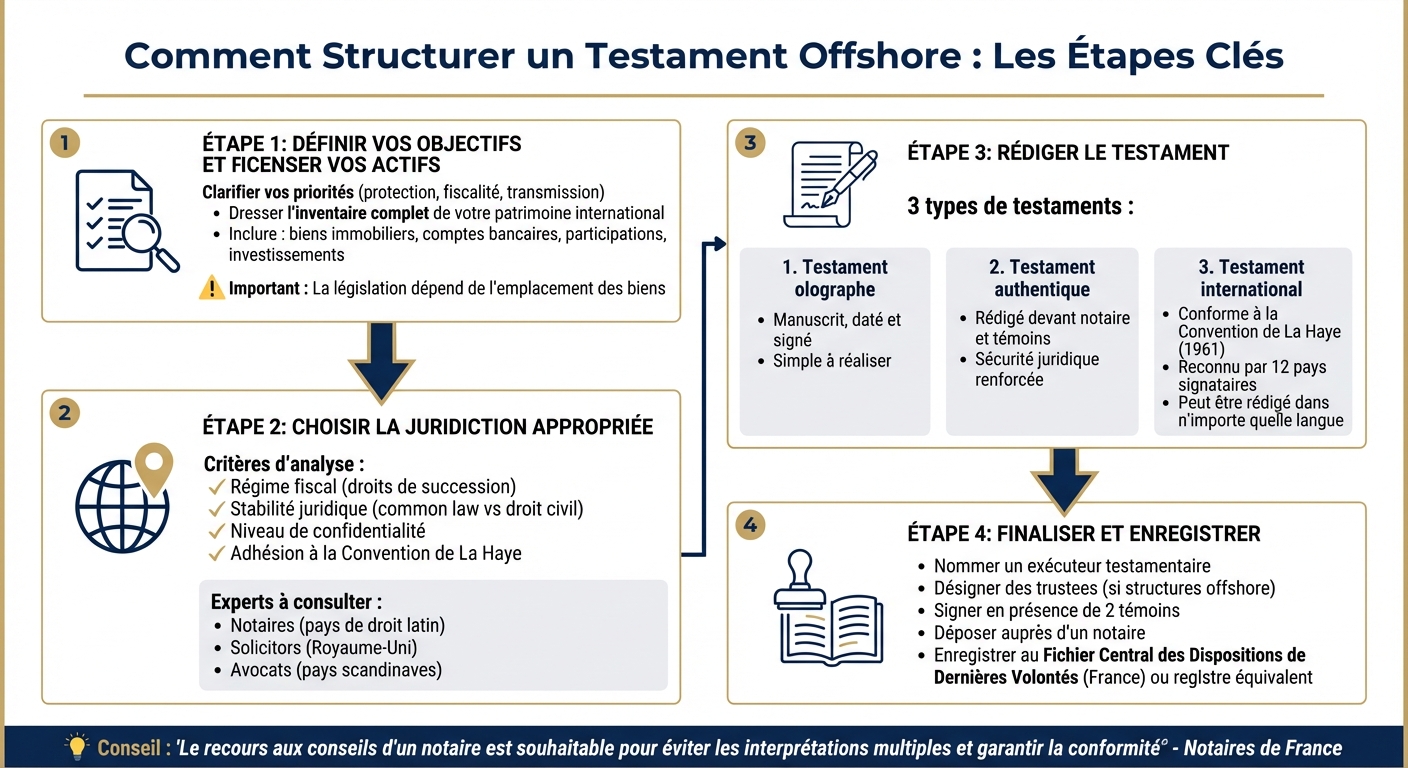 Étapes de structuration d'un testament offshore : de l'inventaire à l'enregistrement