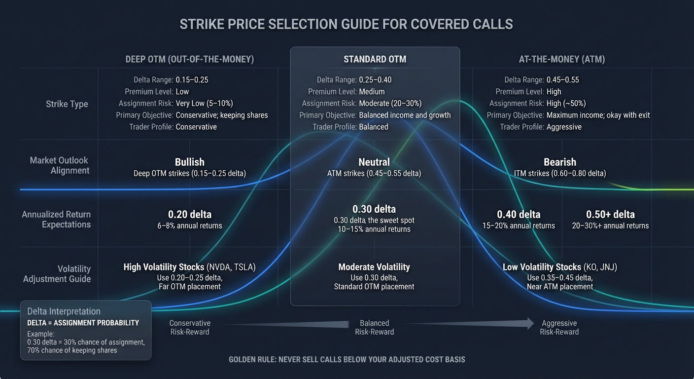 Strike Price Selection Guide: Delta Ranges, Premiums, and Assignment Risk by Strategy